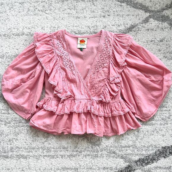 Farm Rio Blush Pink Puff Sleeve V-Neck Cropped Bohemian Blouse Size XS - Picture 16 of 16